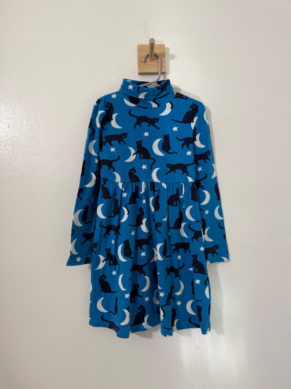 Mini Boden Blue Black Cat Moon Stars Print Long Sleeve Halloween Dress 7-8Y